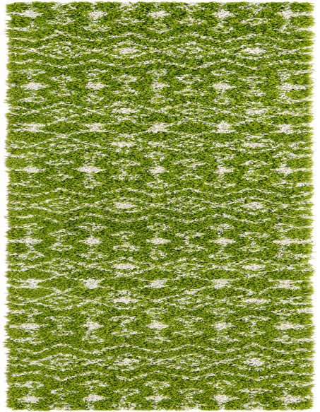 A vibrant green and white Moroccan Trellis Shag runner rug with a tribal, abstract pattern, ideal for a hallway.