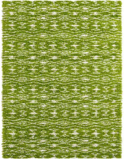 A vibrant green and white Moroccan Trellis Shag runner rug, 16 ft long, with a textured tribal pattern.