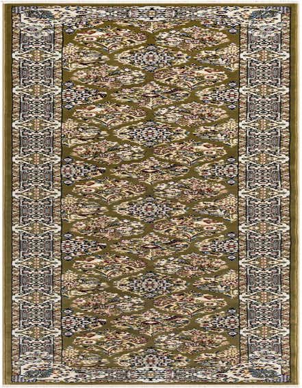 A 13 ft runner rug in traditional Oriental style, featuring a green field with botanical and trellis patterns, and a detailed border.