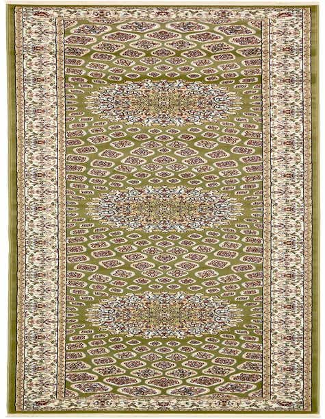 A 13 ft green runner rug with a traditional botanical medallion pattern and cream border, ideal for hallways.