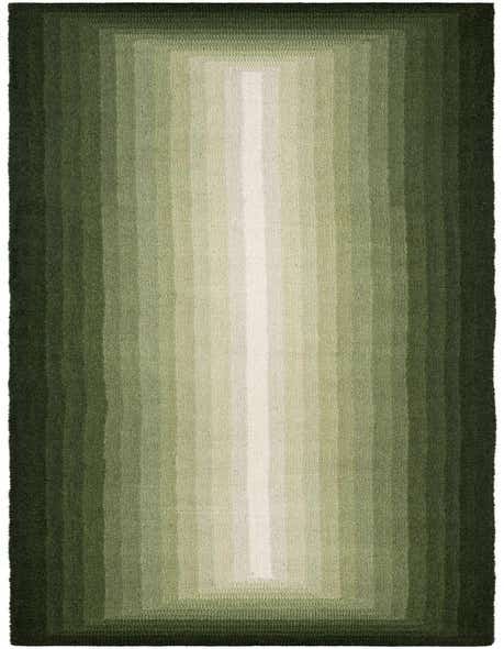 A 12 ft runner rug featuring a modern ombre pattern transitioning from dark green to light green and white in the center.