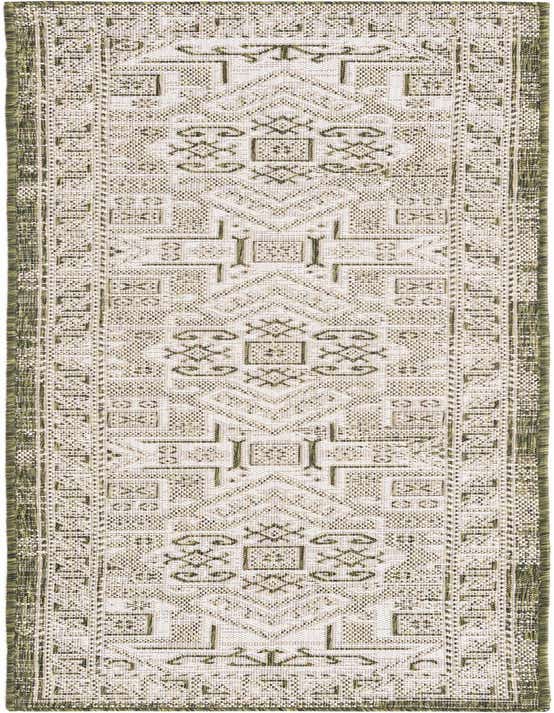 An 8 ft green and off-white Southwestern runner rug with tribal patterns, suitable for a hallway or patio.