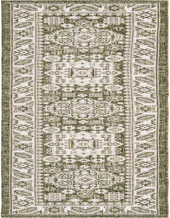 A long 8 ft runner rug with a green and white Southwestern tribal pattern, suitable for hallways or patios.