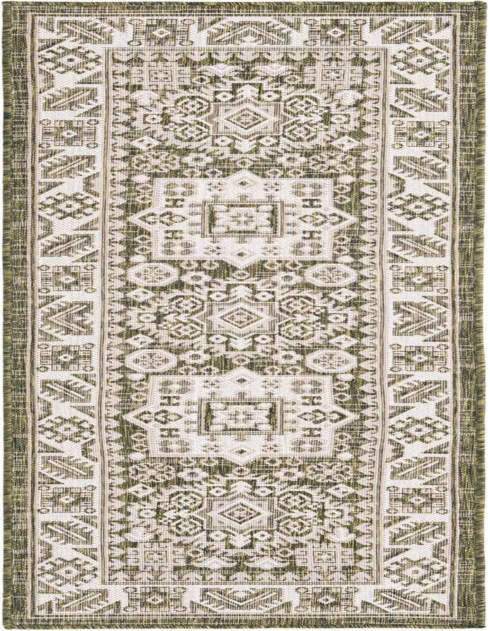 A 6 ft runner rug with a green and white Southwestern tribal pattern, suitable for indoor or outdoor use.