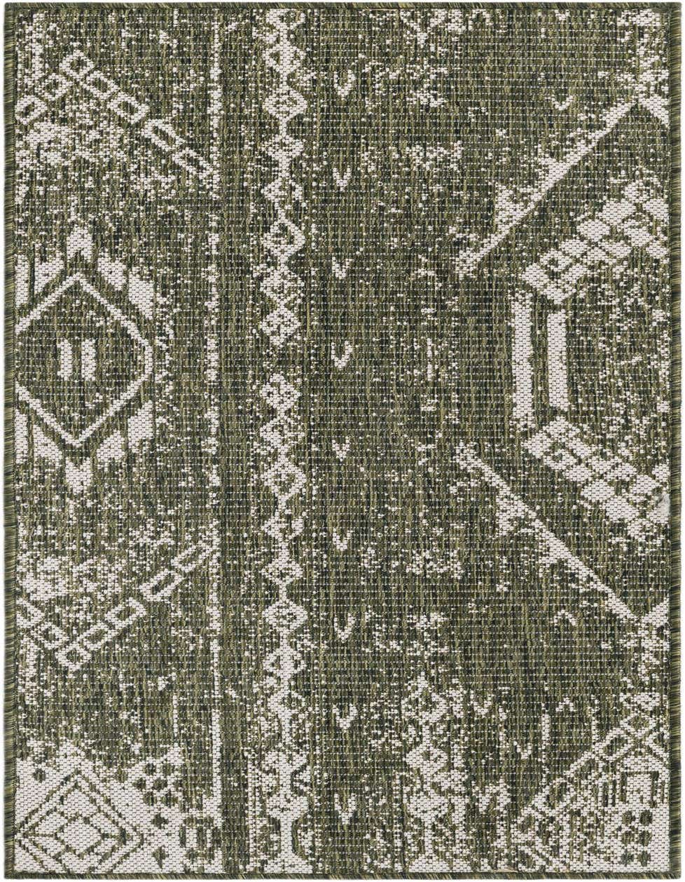A 4 ft runner rug from the Outdoor Bohemian collection featuring a modern abstract pattern in varying shades of green and white.