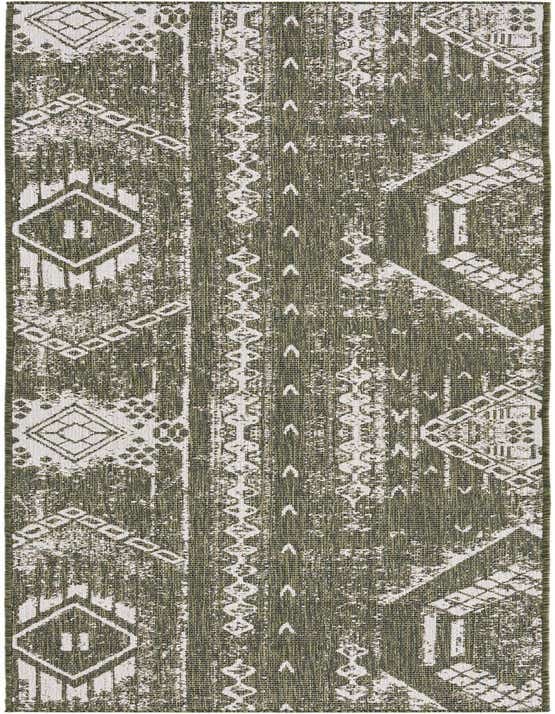 A 12 ft green and white modern runner rug with a distressed geometric pattern, suitable for a hallway or patio.