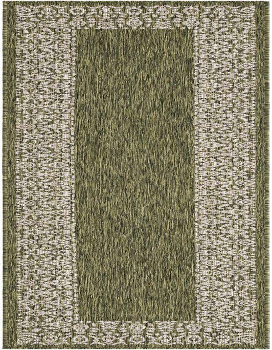 An 8 ft green runner rug with a light patterned border, ideal for hallways or patios.