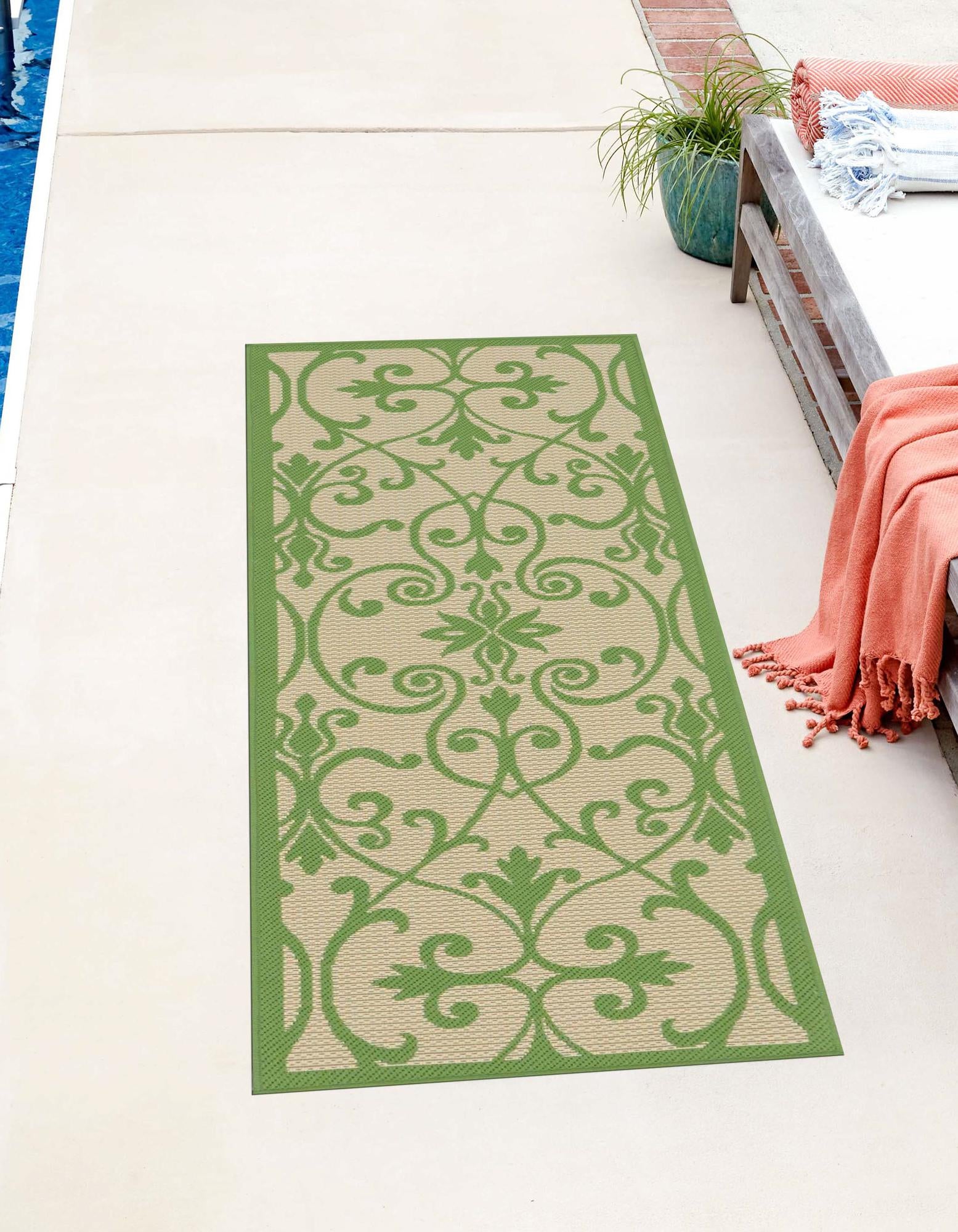 Green 2' x 6' Botanical Indoor / Outdoor Runner Rug | Rugs.com