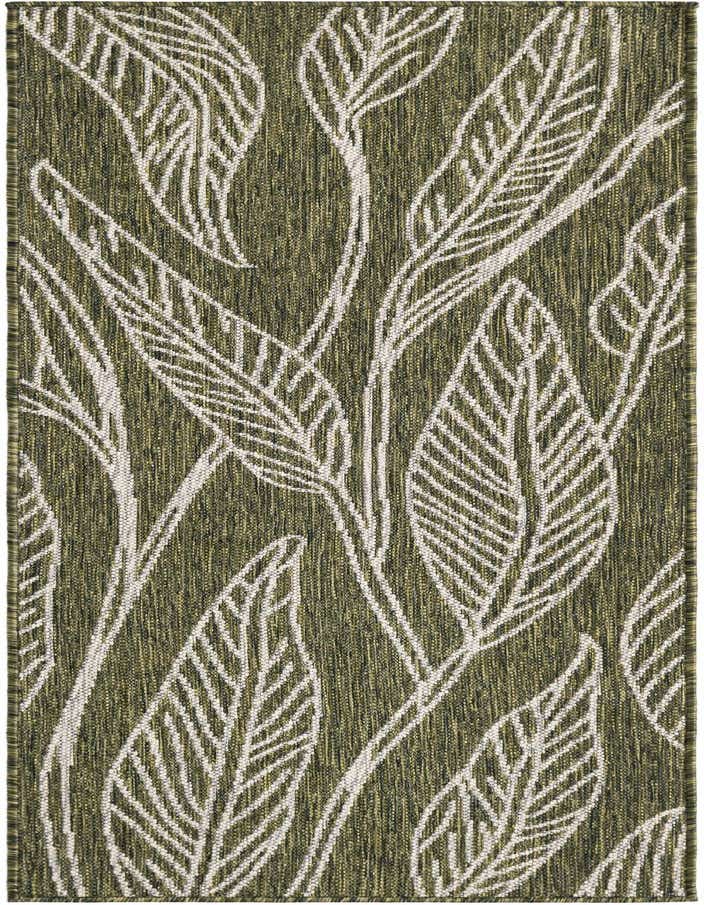 A 6 ft runner rug with a modern botanical pattern of white leaves on a textured green background, suitable for indoor/outdoor use.