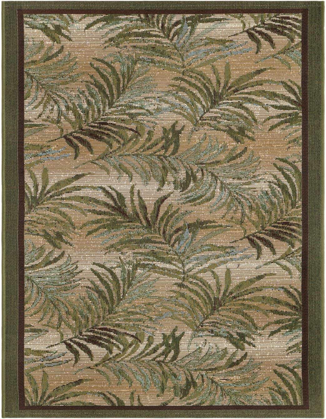 A 5 ft runner rug with a botanical pattern of green palm leaves on a tan background, framed by a dark green border.