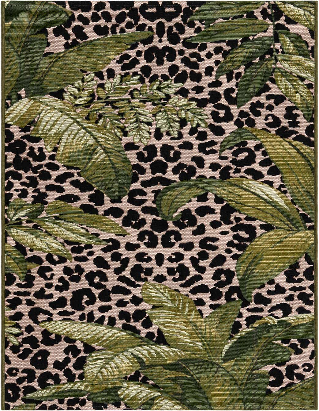 A 5 ft runner rug featuring a modern botanical pattern with large green leaves over a light pink and black leopard print background.