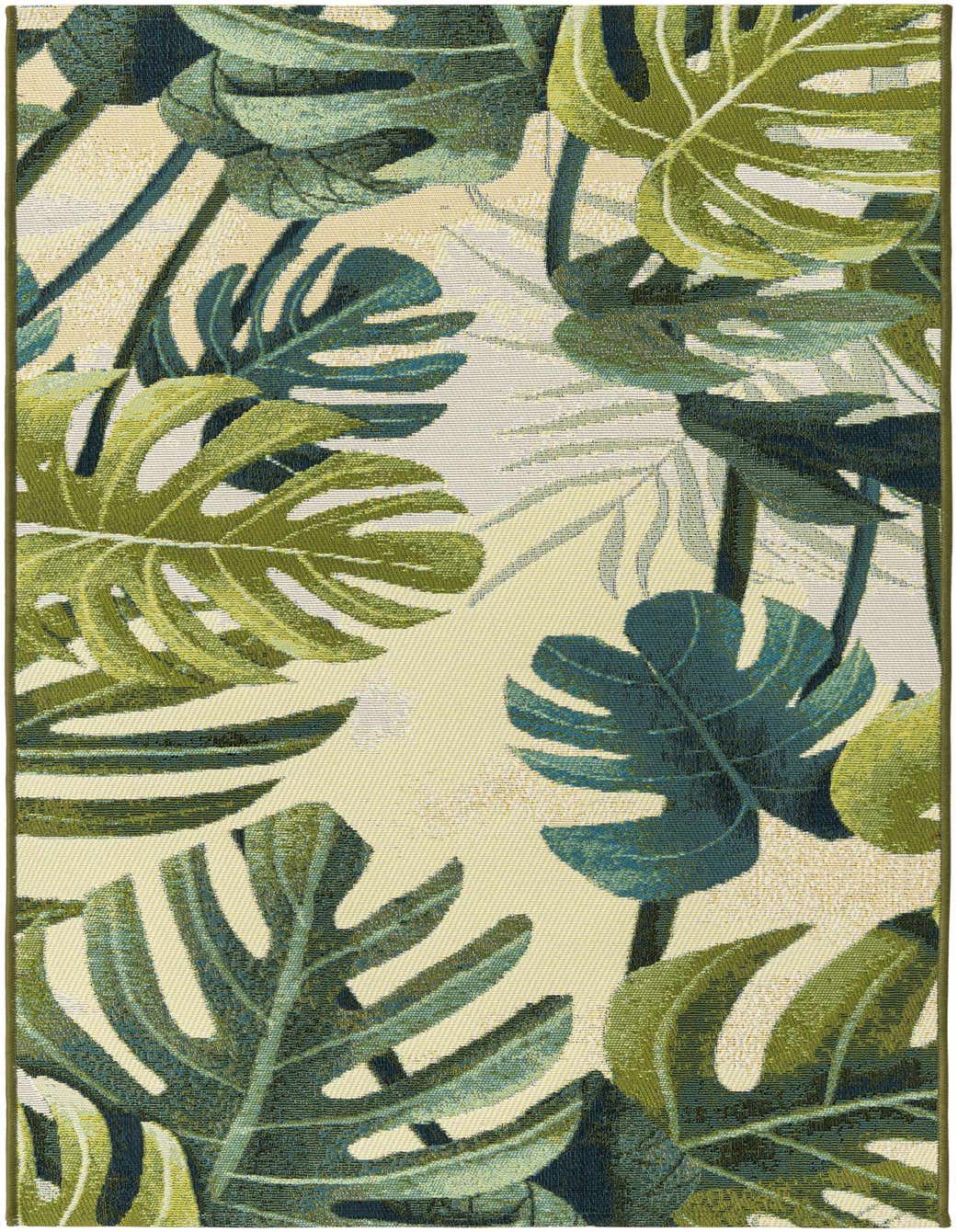 A 5 ft runner rug featuring a vibrant botanical pattern with various shades of green monstera and palm leaves on a light cream background, suitable for a hallway or patio.