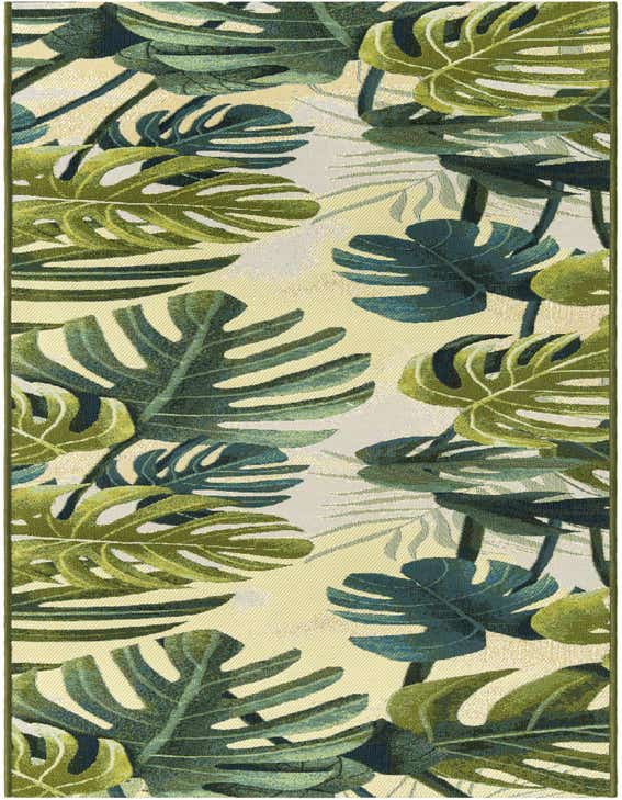 A 10 ft runner rug featuring a vibrant botanical pattern of large green monstera leaves on a light cream background, suitable for a hallway or patio.