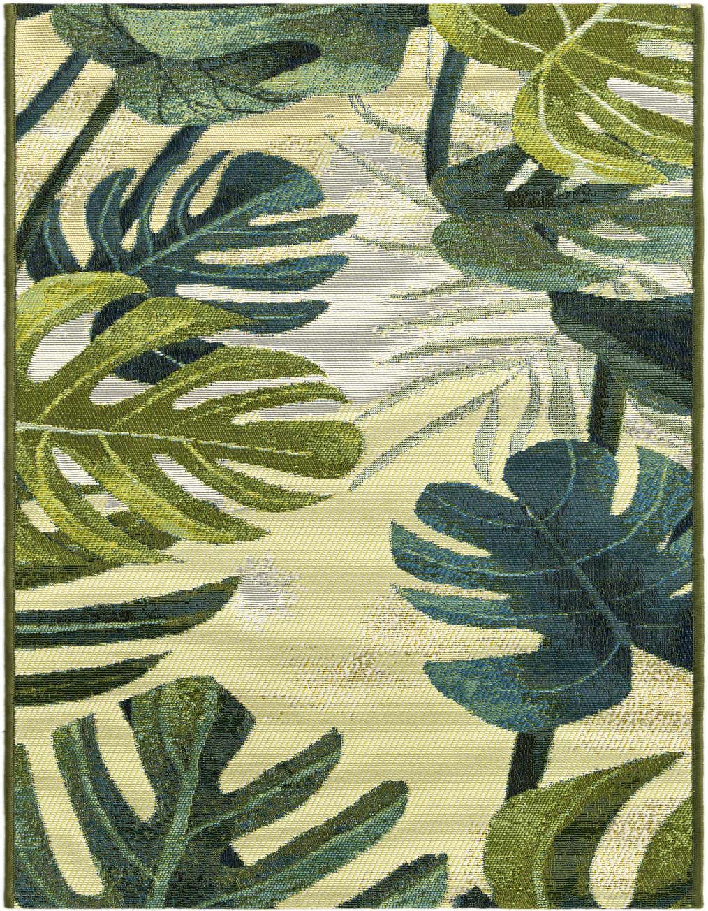 A 4 ft runner rug featuring a vibrant botanical pattern of large green monstera leaves on a light yellow background.