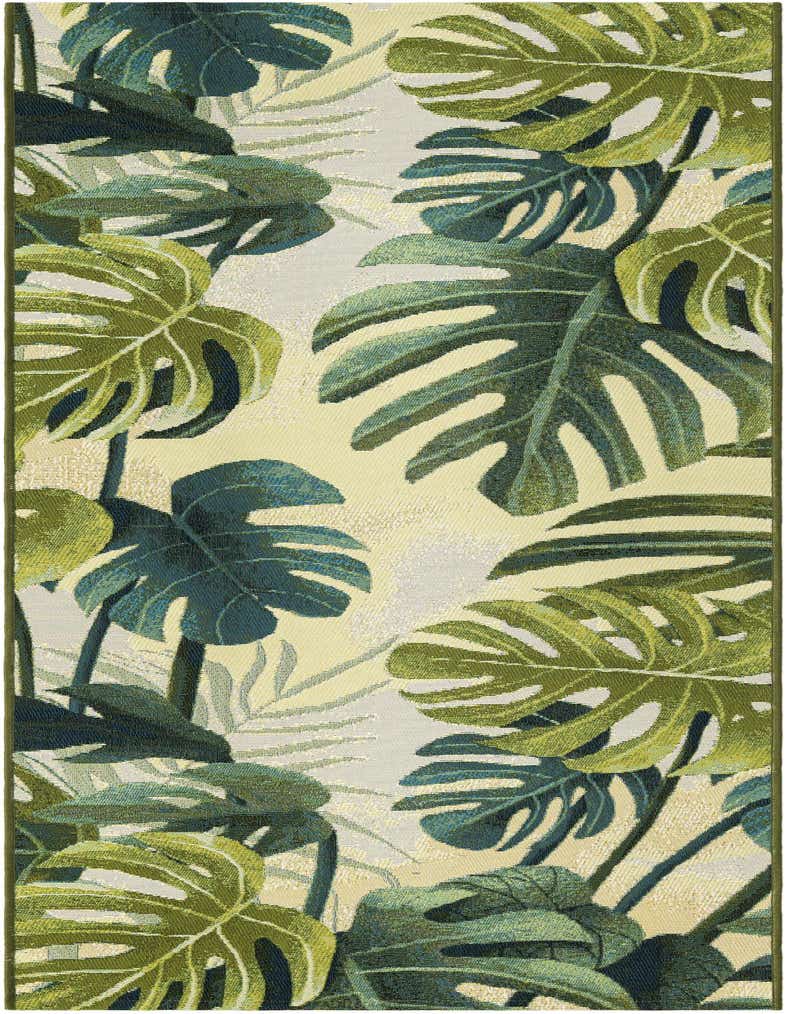 A 7 ft runner rug featuring a vibrant green botanical pattern with large monstera leaves on a light background, suitable for a hallway or patio.