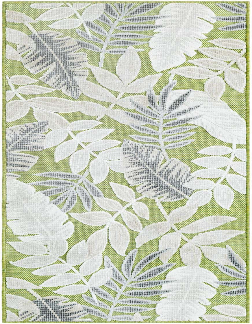 A 5 ft runner rug with a vibrant green background and large white and gray tropical leaf patterns, suitable for indoor/outdoor use.