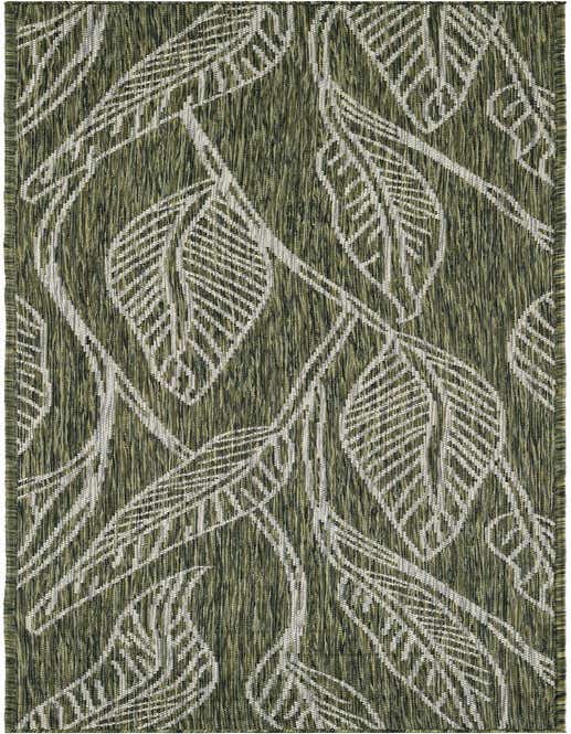 A green 8 ft runner rug with a modern botanical leaf pattern in white, suitable for indoor or outdoor spaces.