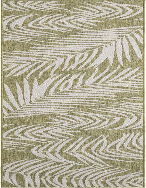 A 10 ft runner rug featuring a modern botanical pattern of large white palm leaves on a textured green background, suitable for a hallway or patio.
