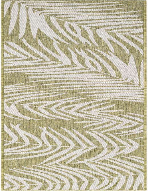 A green and white 8 ft runner rug with a modern botanical palm leaf pattern, suitable for indoor or outdoor use.