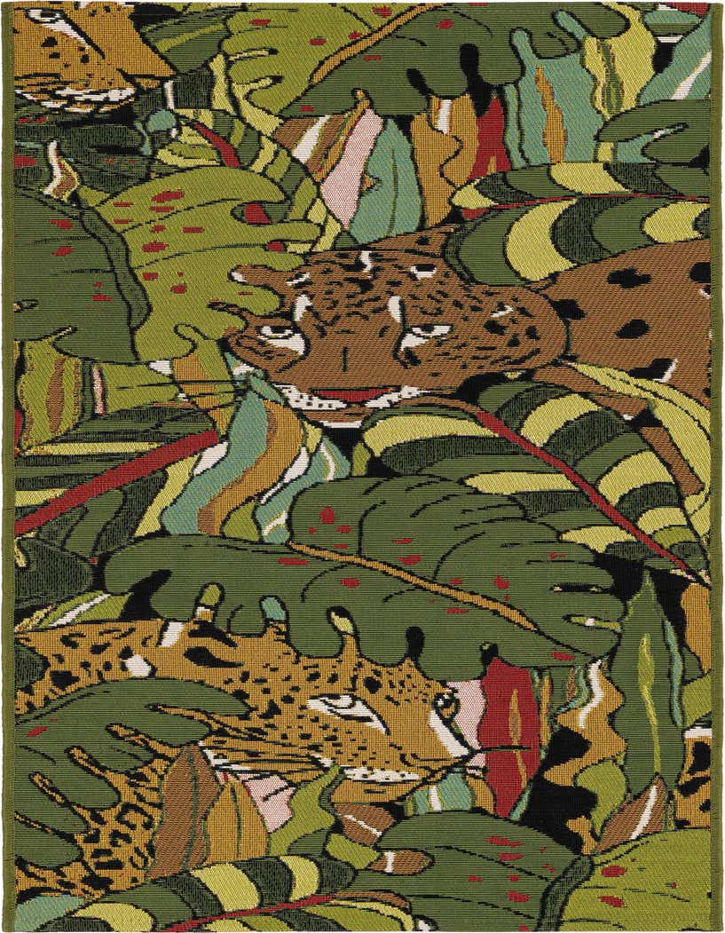 A 5 ft runner rug with a vibrant modern jungle pattern featuring green leaves and two hidden leopards.
