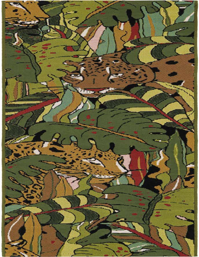 A 6 ft runner rug with a vibrant green, brown, and red modern floral pattern featuring hidden leopards, ideal for hallways or patios.