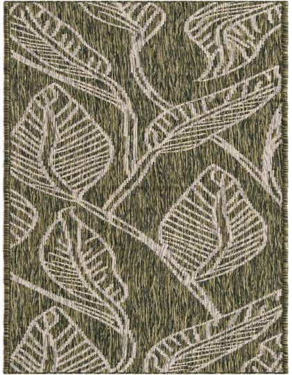 A green 8 ft runner rug with a modern botanical pattern of large, light-colored leaves and branches, suitable for indoor/outdoor use.