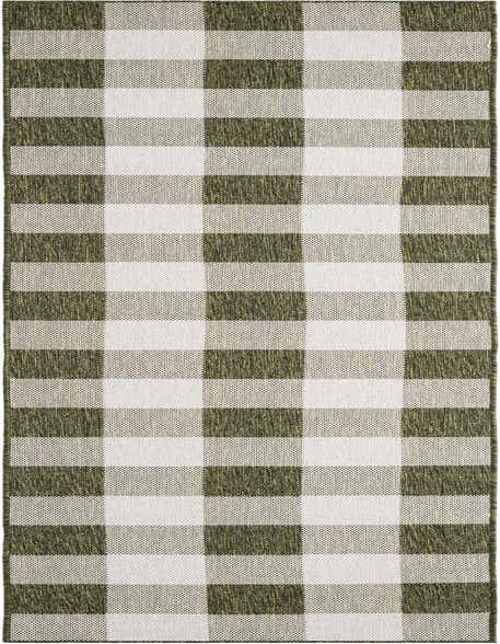 A 12 ft runner rug with a modern green and white checkered pattern, suitable for indoor or outdoor use.