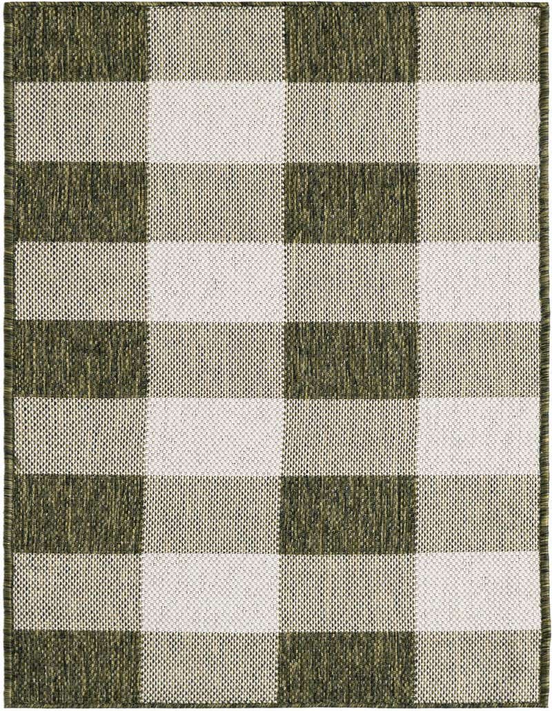 A 5 ft runner rug featuring a modern checkered pattern in varying shades of green, ideal for a patio or hallway.