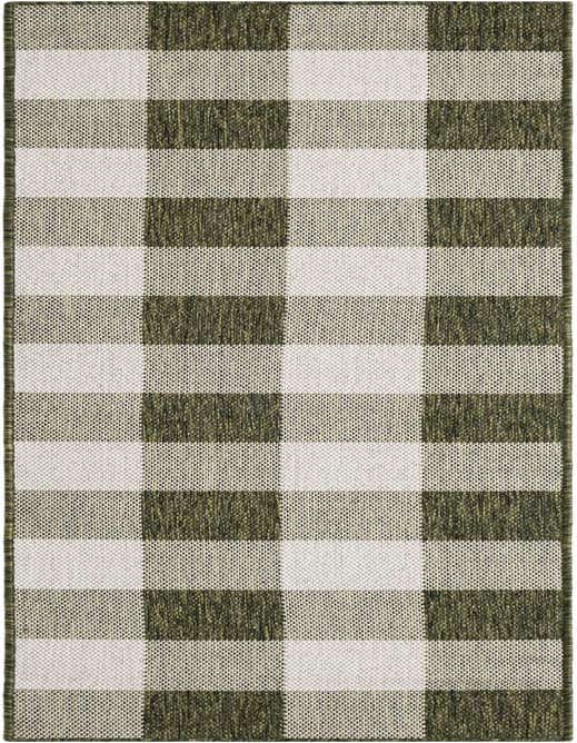 A modern 8 ft runner rug with a large green and white checkered pattern, suitable for indoor or outdoor use.