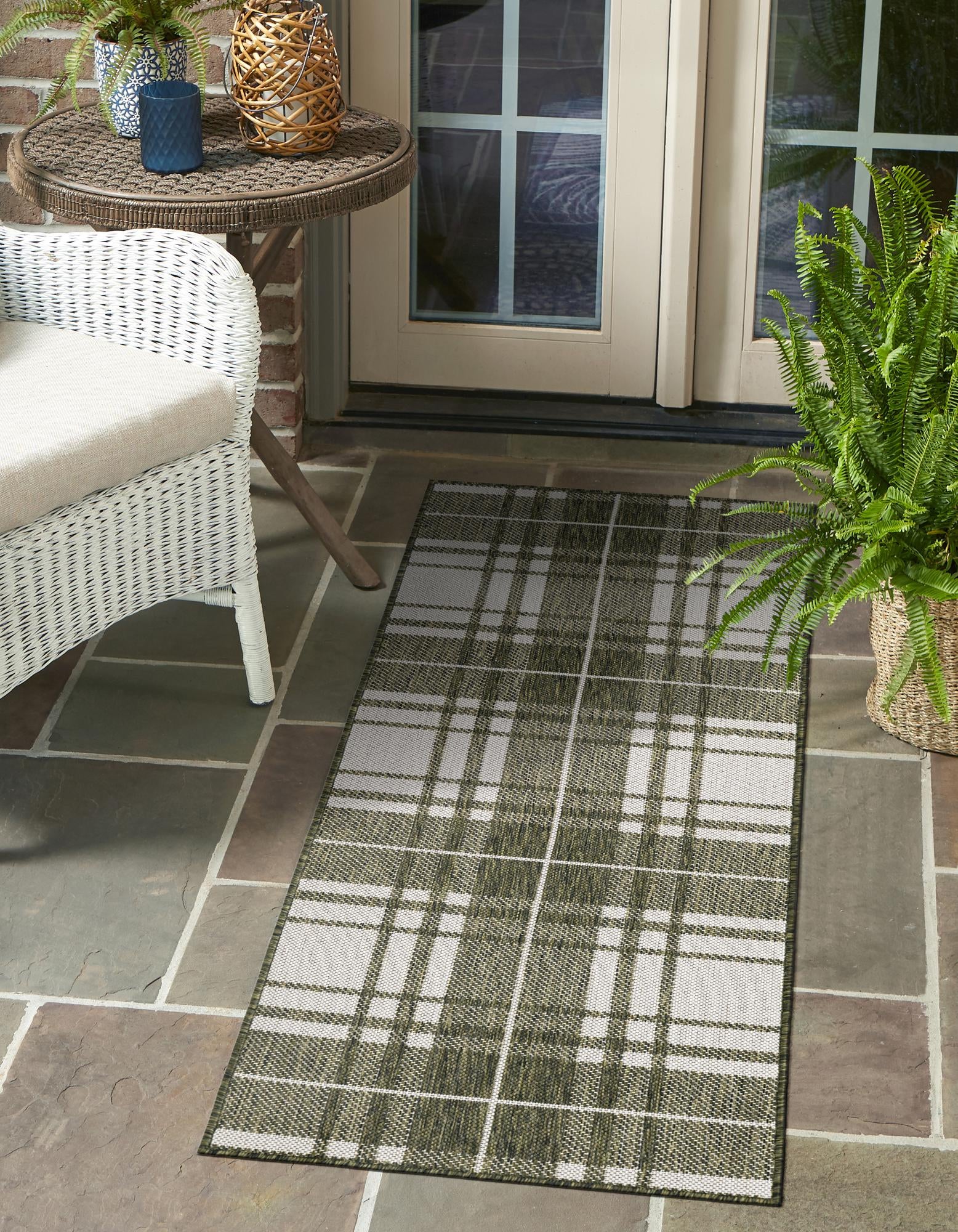 Green 2' x 8' Checkered Indoor / Outdoor Runner Rug | Rugs.com
