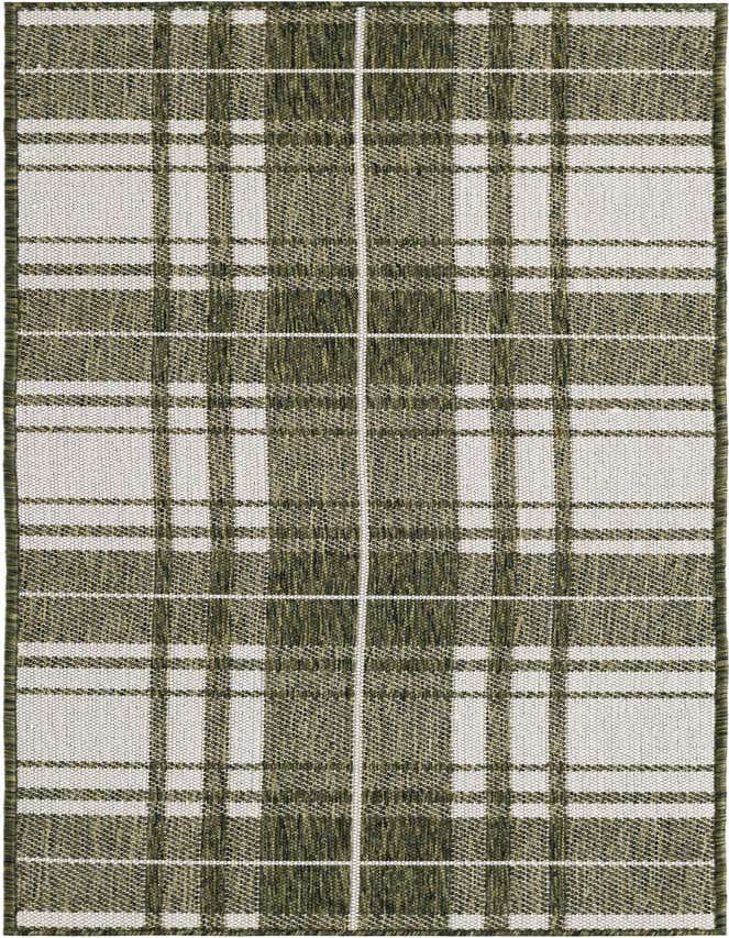 A 6 ft runner rug with a modern green and white plaid pattern, suitable for indoor or outdoor use.