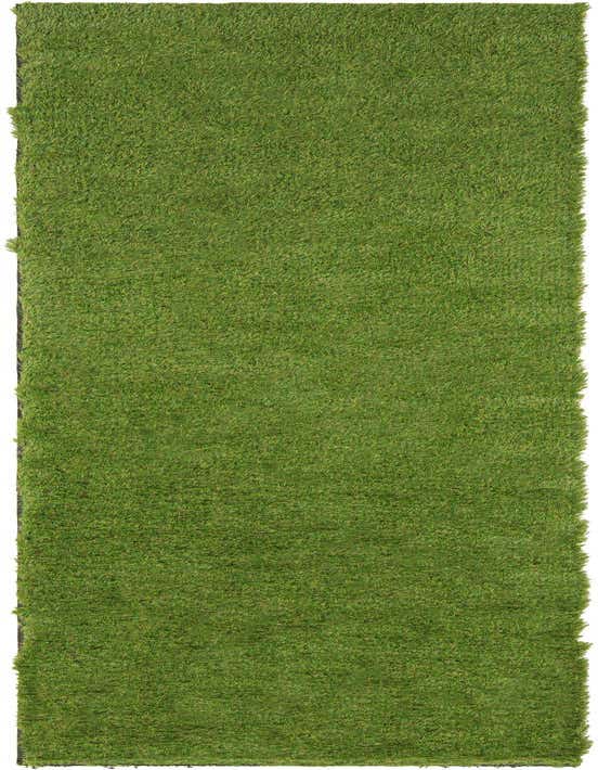 A long, rectangular 10 ft runner rug in a vibrant green, mimicking the look of natural grass, suitable for indoor or outdoor use.