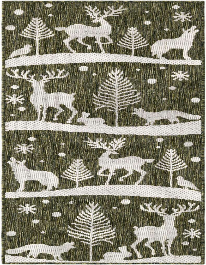 A 5 ft green runner rug with a repeating modern winter scene of white deer, foxes, rabbits, birds, and trees under falling snow.
