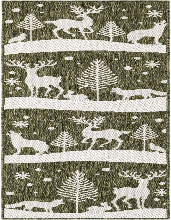 A 6 ft runner rug with a modern winter forest scene. White deer, foxes, rabbits, and trees stand on snow against a green background with falling snow and snowflakes.