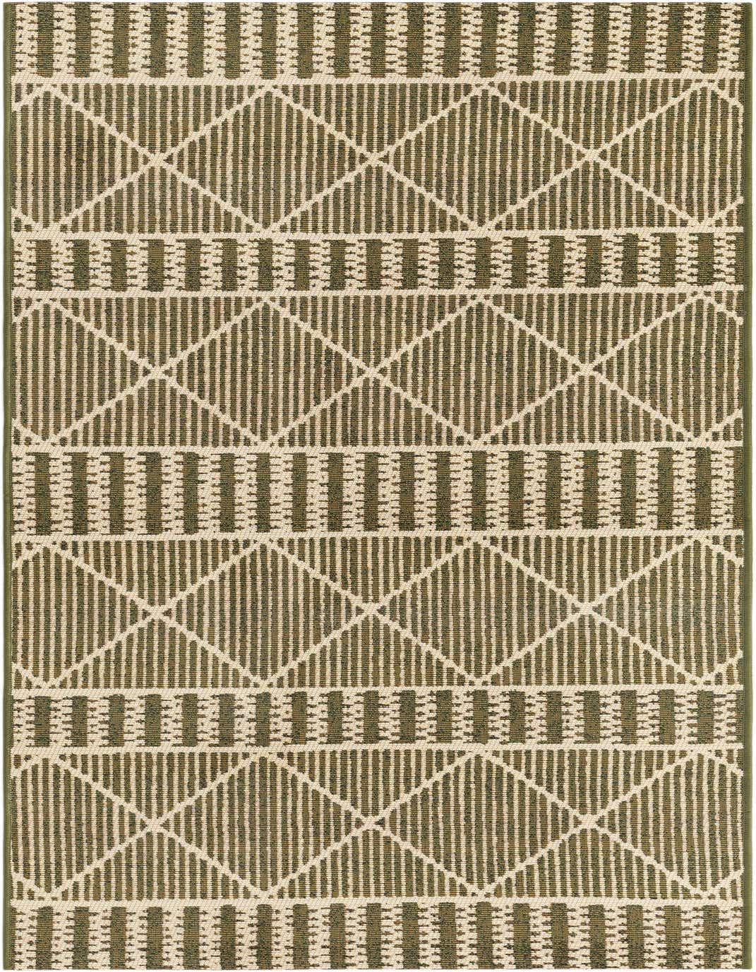 A 5 Ft runner rug with a green and cream tribal trellis pattern, ideal for hallways or patios.