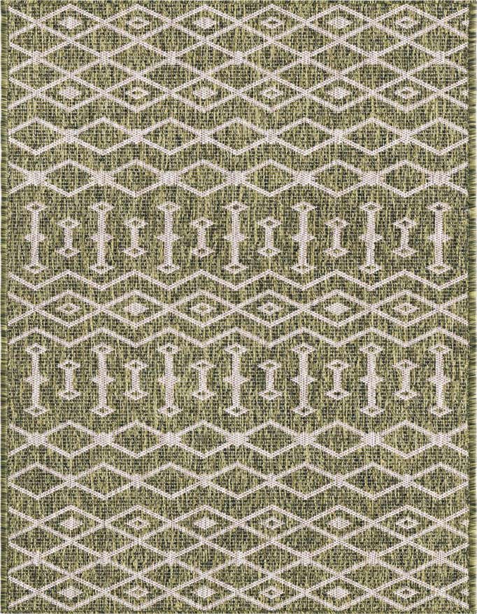 A 10 ft green runner rug with a tribal modern pattern featuring white geometric diamonds and vertical motifs, suitable for hallways or patios.