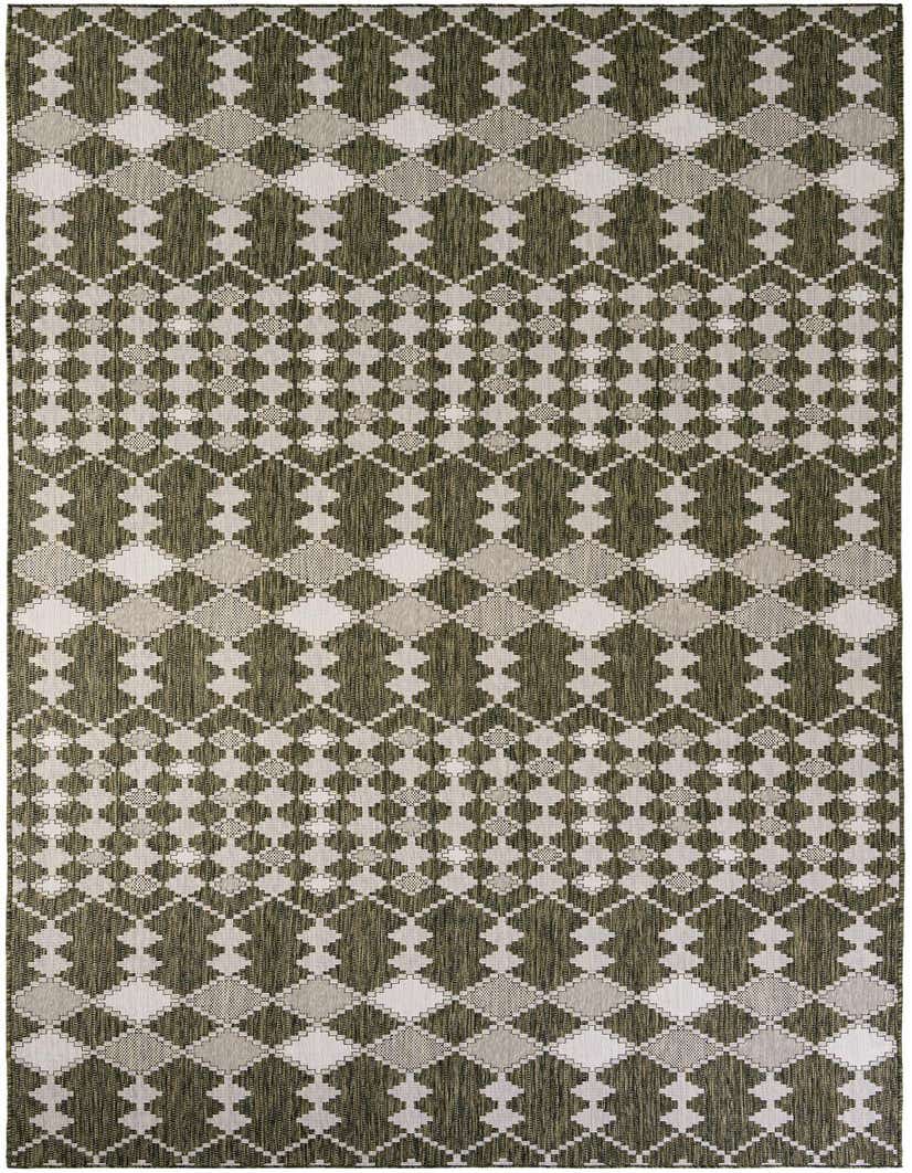 A 16 ft runner rug with a green and off-white trellis pattern, suitable for hallways or patios.