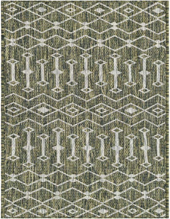 A 5 ft runner rug in shades of green and white, featuring a modern trellis pattern, suitable for hallways or patios.