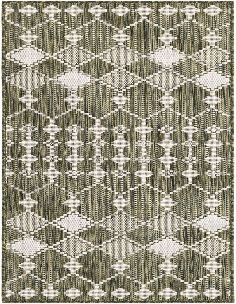 A 5 ft runner rug featuring a modern trellis pattern in shades of green and white, ideal for a hallway or patio.