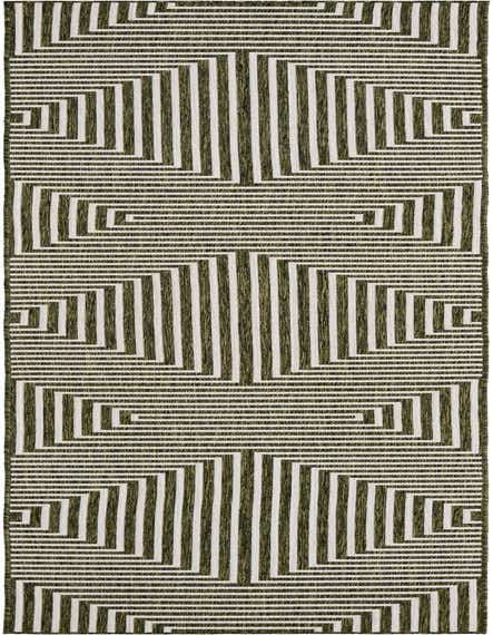 A 12 ft runner rug featuring a modern abstract geometric pattern of alternating dark green and white stripes, suitable for indoor or outdoor use.