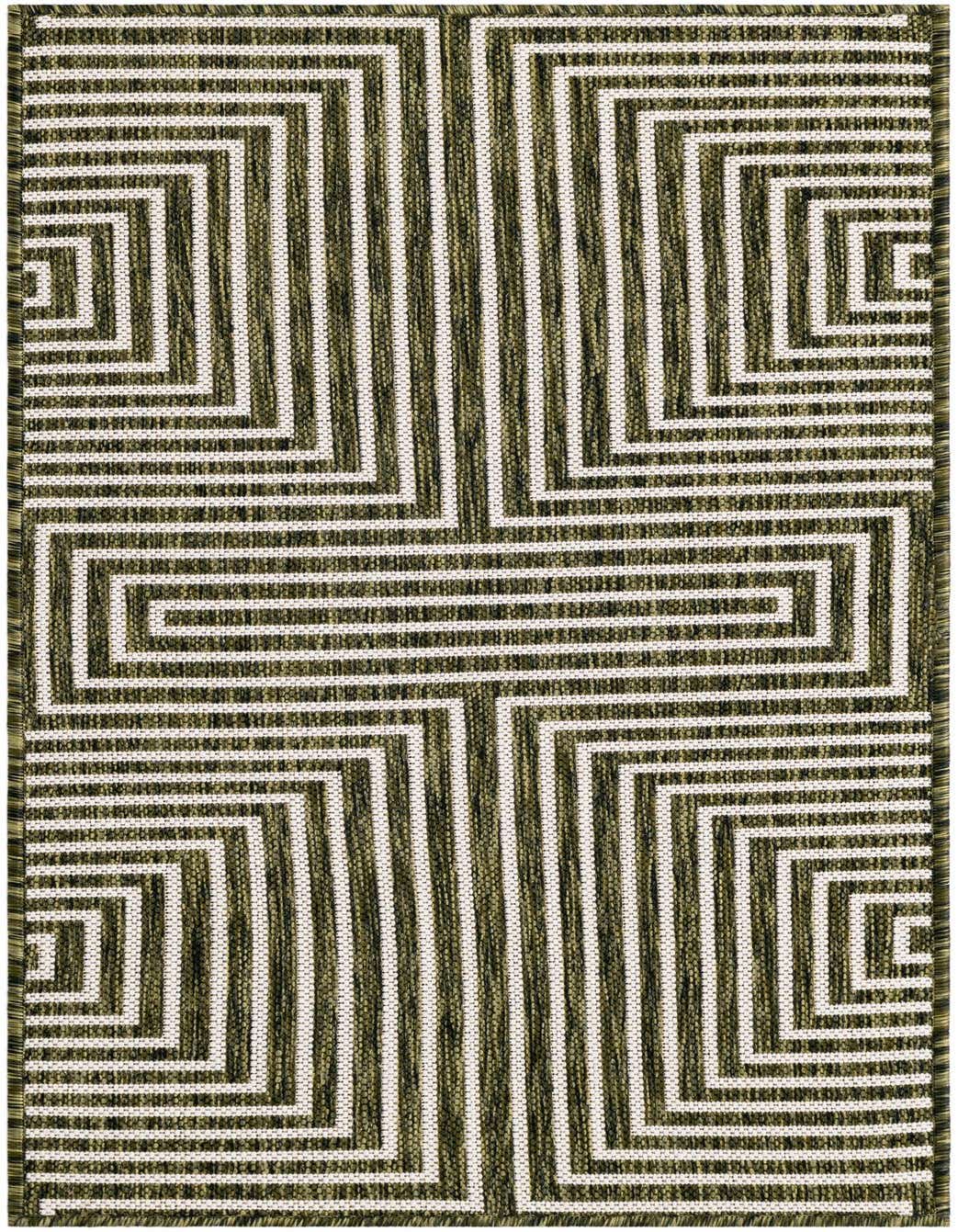 A 4 ft runner rug featuring a modern abstract geometric pattern in varying shades of green and off-white.