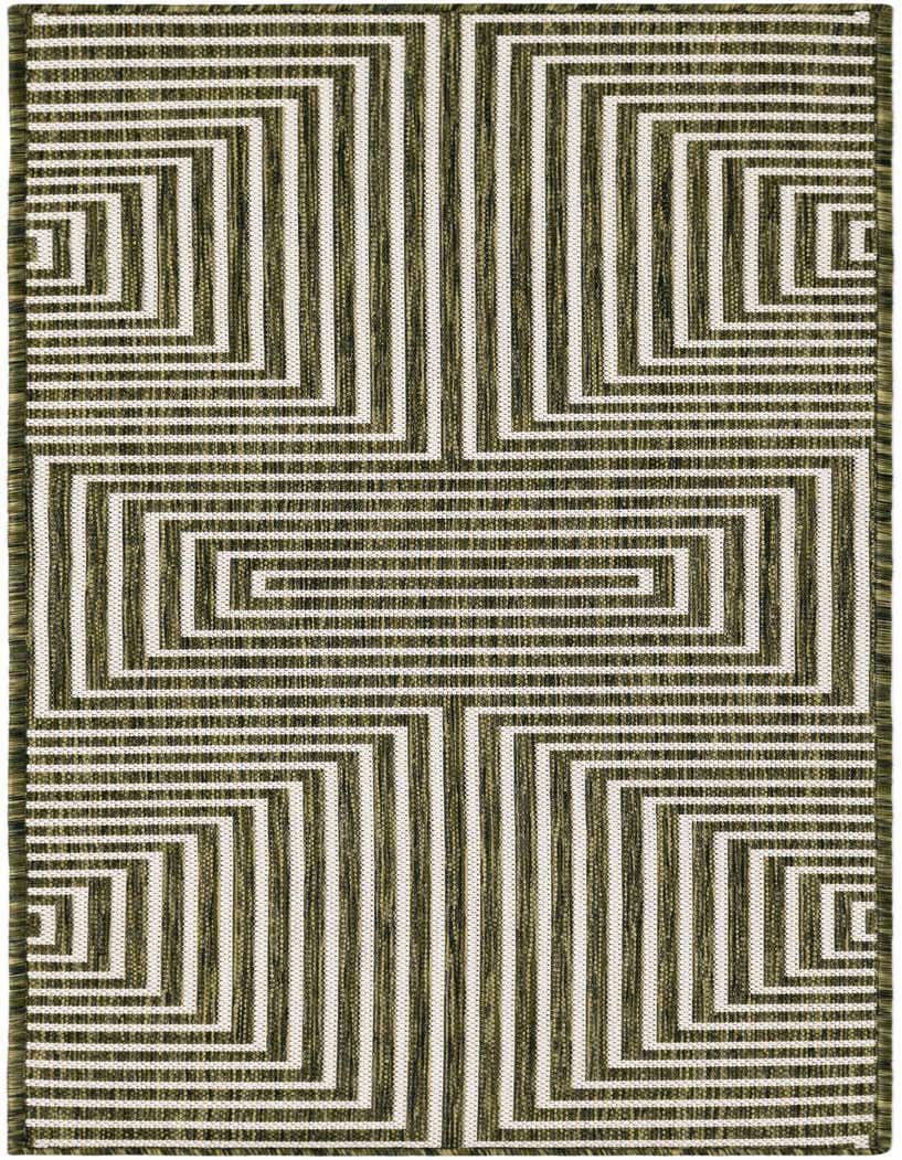A 5 ft runner rug featuring a modern abstract geometric pattern in varying shades of green and white, ideal for a hallway or patio.