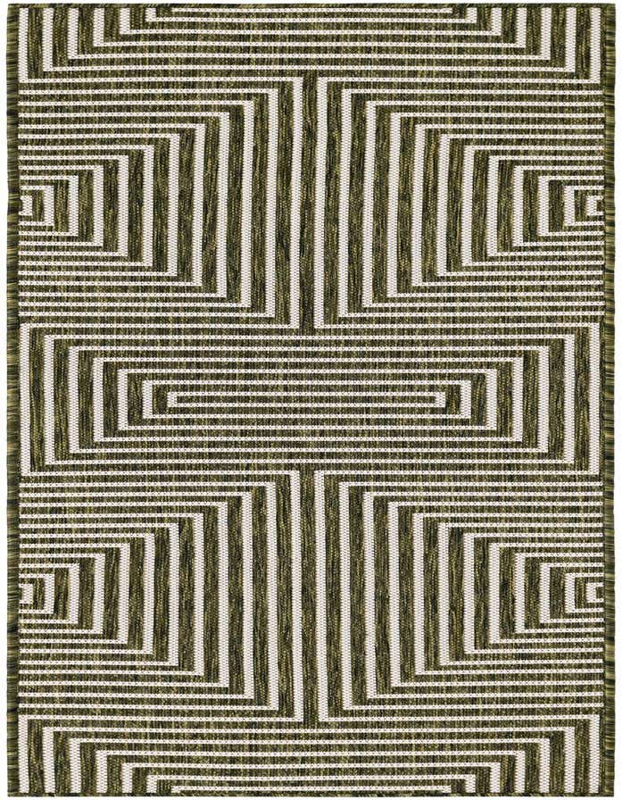 A 6 ft runner rug featuring a modern abstract geometric pattern in shades of green and white, ideal for a hallway or patio.