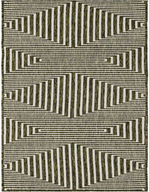 An 8 ft green and white modern runner rug with a repeating abstract geometric pattern of vertical and horizontal lines, suitable for a hallway or patio.