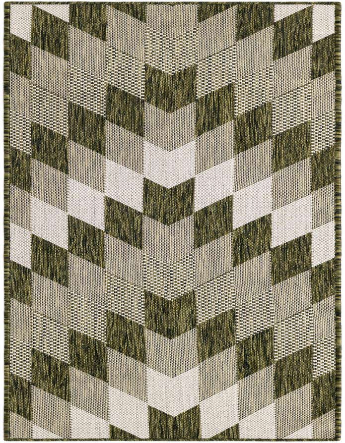 A 6 ft runner rug with a modern tribal pattern in shades of green and off-white, ideal for a hallway or patio.