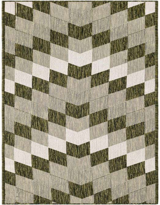 A green and cream 8 ft runner rug with a modern tribal geometric pattern, suitable for a hallway or patio.
