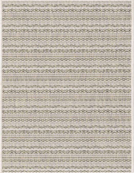 An 8 ft runner rug from the Outdoor Ribbon collection, featuring a tribal pattern in shades of green and white, ideal for a hallway or patio.