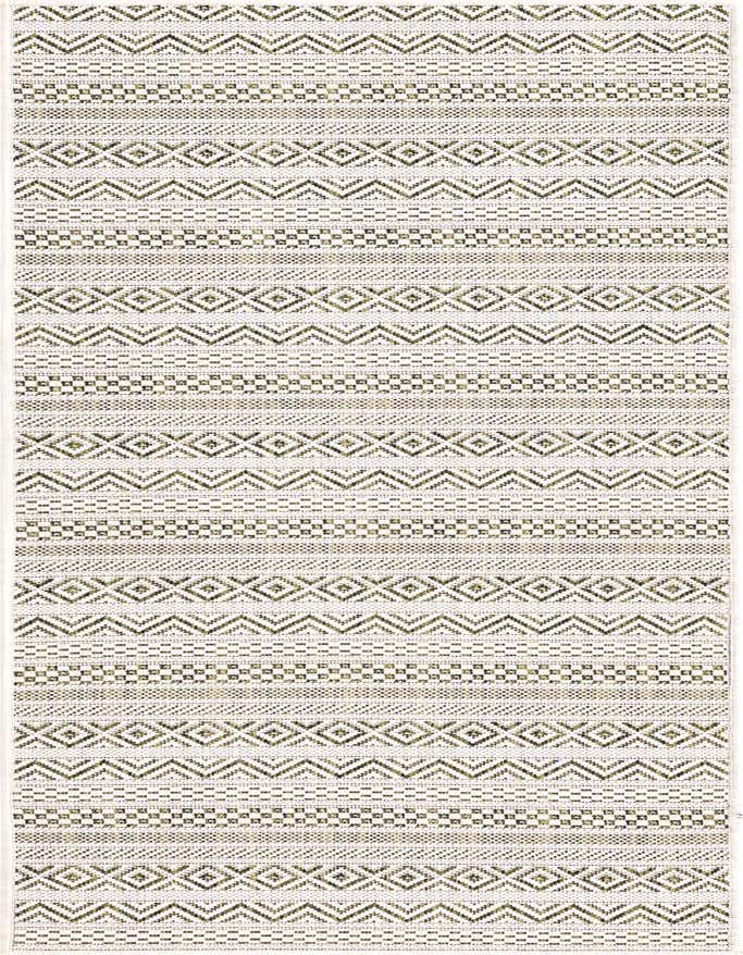 A 6 ft runner rug featuring a tribal pattern with various green geometric motifs on a light background, suitable for indoor/outdoor use.