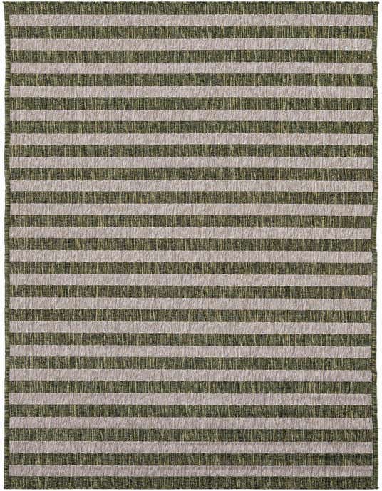 A 10 ft runner rug from the Outdoor Ribbon collection, featuring alternating horizontal stripes of textured green and light beige, suitable for indoor or outdoor use.
