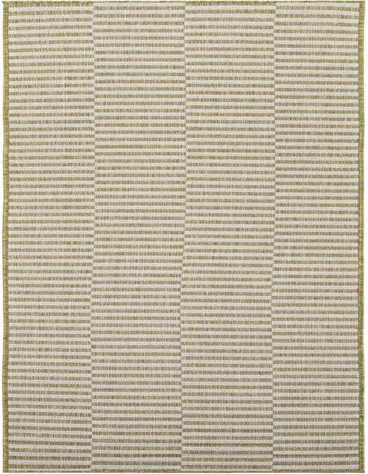 A 10 ft runner rug featuring a modern stripe pattern in varying shades of green, ideal for a hallway or patio.